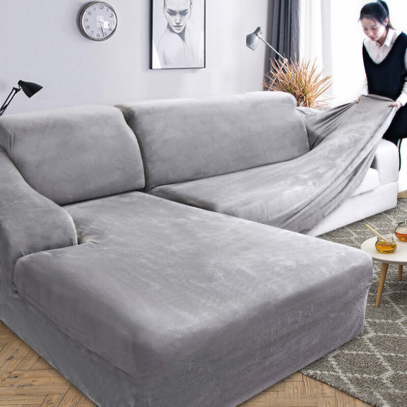 Capa de sofá em forma de L de veludo, para sala de estar, elastano com pelúcia