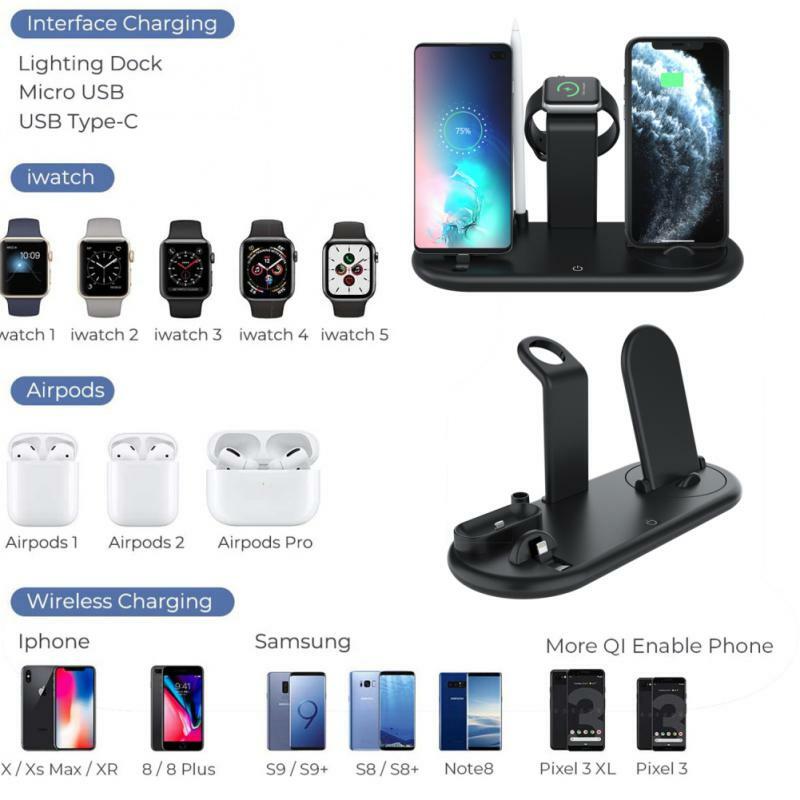 10W Fast Wireless Charger 6 In 1สำหรับ IPhone 12 11 XR IWatch 6 5 4สำหรับ AirPods Pro ดินสอ Charger Dock Station โคมไฟ LED