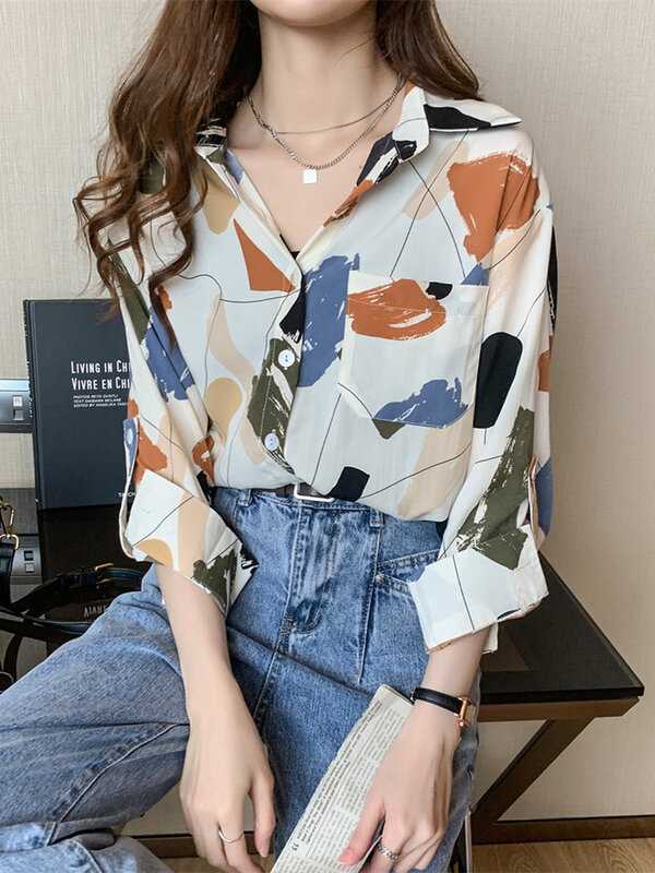 패션 봄 여성 셔츠 화이트 인쇄 느슨한 대형 블라우스 여성 탑스 느슨한 쉬폰 셔츠 한국 스타일 Blusas 주머니