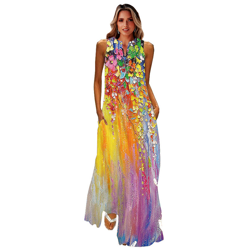 WAYOFLOVE-Vestido largo de primavera-verano para mujer, prenda informal elegante con estampado floral, cuello de pico, sin mangas, para fiesta