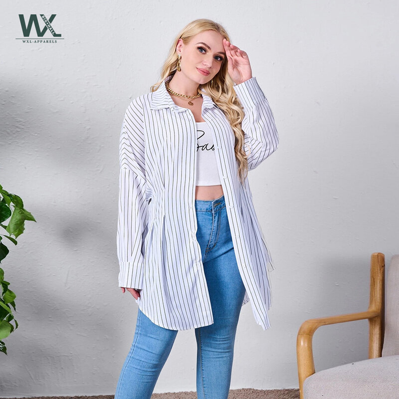 WXL-Blusa de talla grande para mujer, camisa de manga larga a rayas, informal, holgada, a la moda, para primavera y otoño, 2021