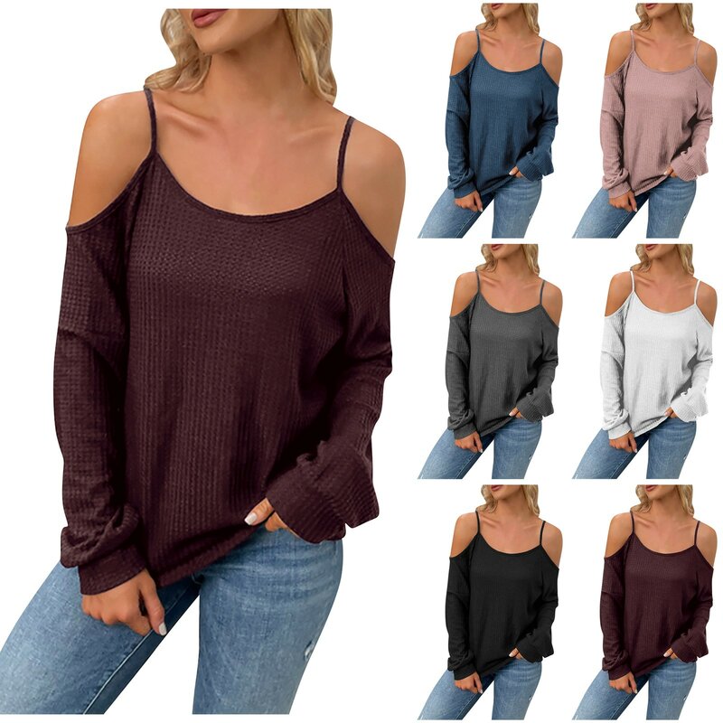 Blus Wanita 2021 Mode Musim Gugur Kaus Ukuran Plus Satu Bahu Atasan Selempang Lengan Panjang Minimalis Longgar Warna Solid