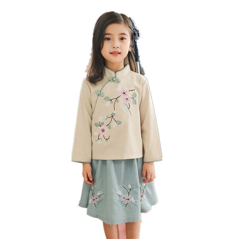 New Children's Retro Dress, Girls Chinese Style Embroidered Tang Suit, Hanfu Suit