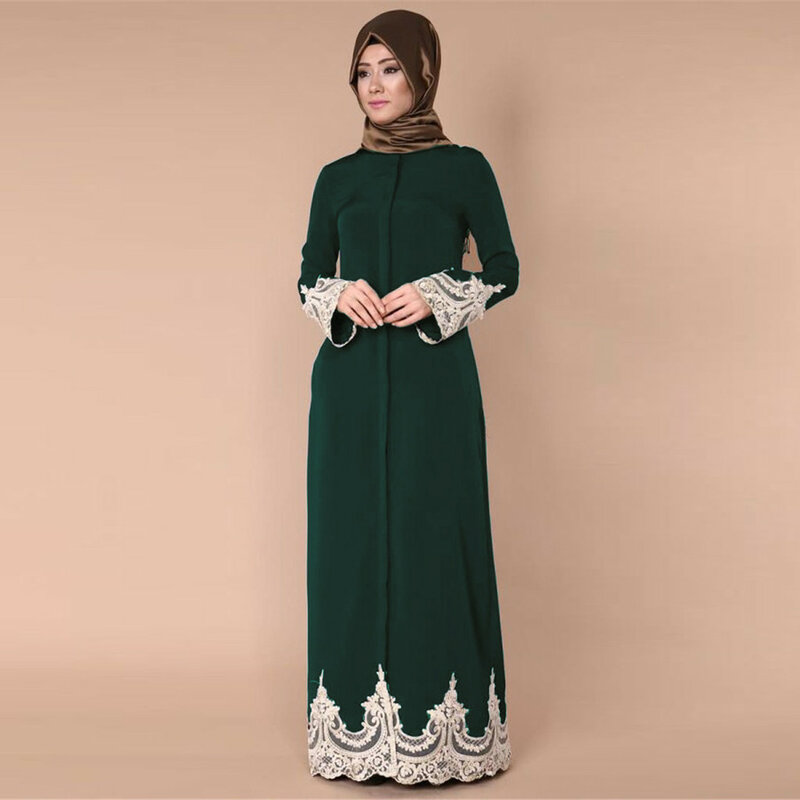 Moda 2021 muçulmano vestido feminino femme vestidos de cor pura fivela cheia laço robe mangas compridas elegante vestido longo