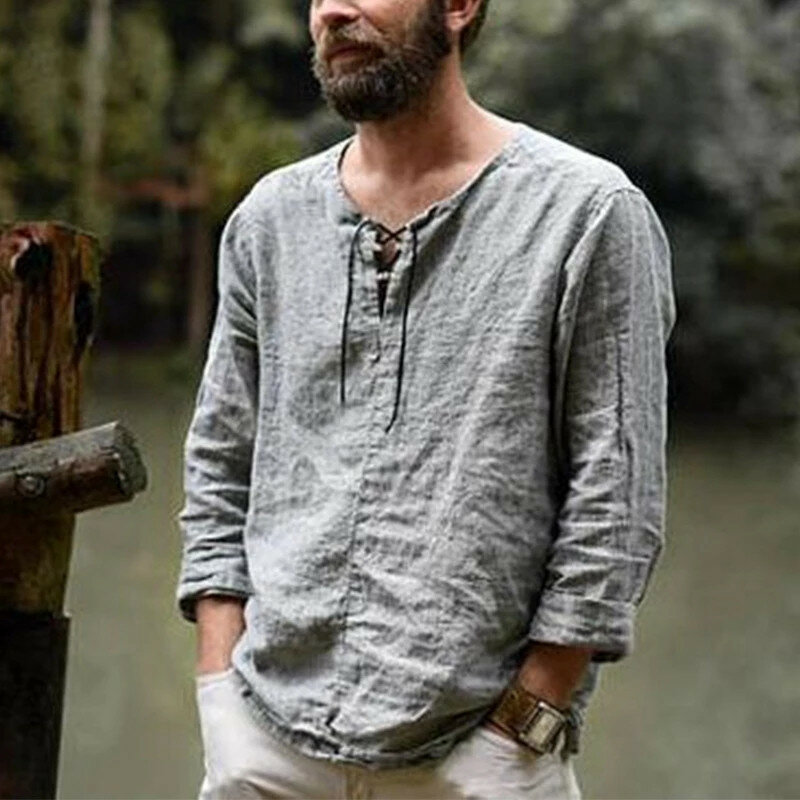 T-Shirt Henley en lin à manches longues pour homme, haut ample et décontracté, avec laçage, pour l'extérieur, 2021