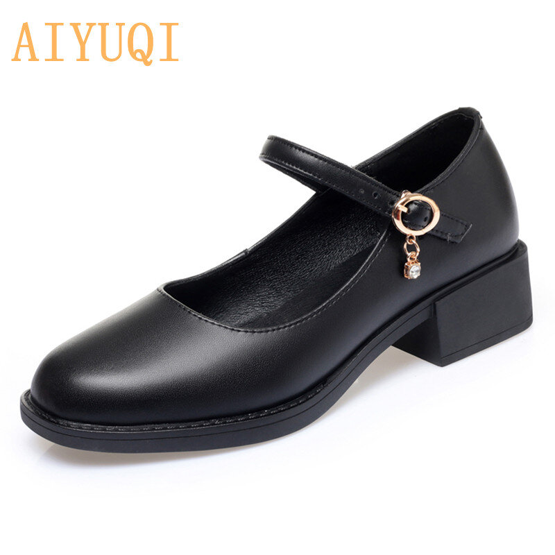 AIYUQI أحذية نسائية جلد طبيعي 2021 جديد منتصف كعب ماري جين أحذية النساء لامعة موضة كبيرة الحجم مكتب السيدات الأحذية
