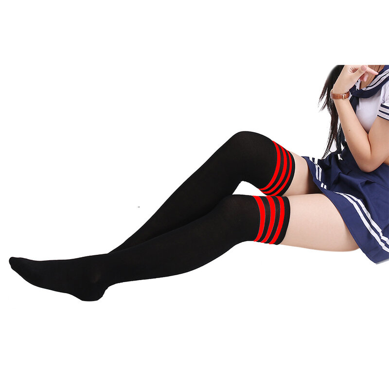 Escola japonesa de amor algodão grosso preto e branco listrado meias três barras sobre o joelho-meias altas estudante meias