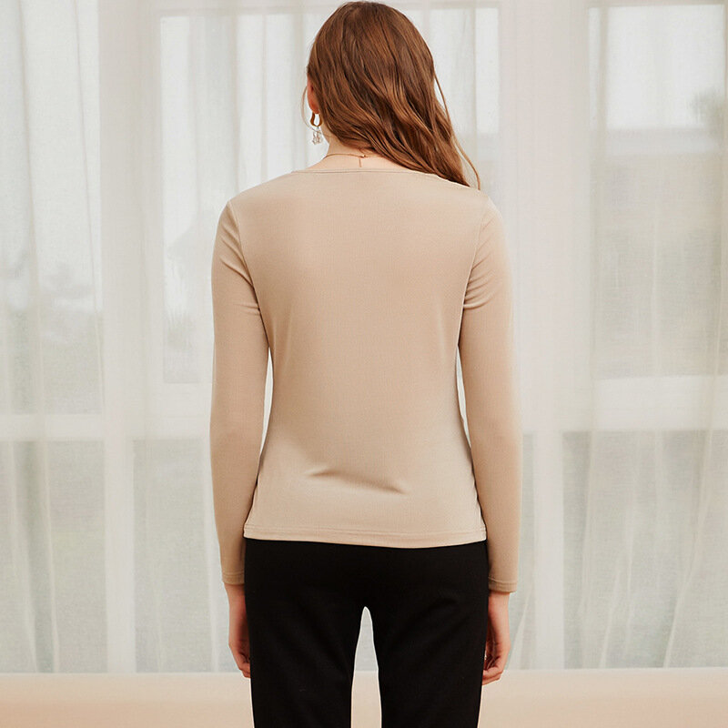 Mode Baru Musim Semi dan Gugur 2021 Buatan Tangan Bermanik Lengan Panjang Leher-v Bawah Kemeja Slim Fit Wanita T-shirt Manu