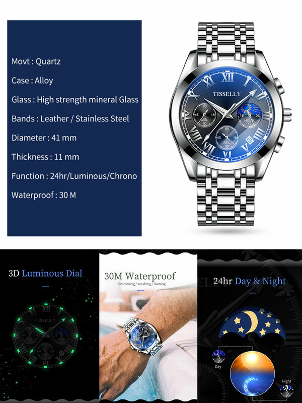 Moonwatch-Reloj de pulsera deportivo para hombre, cronógrafo de cuarzo, resistente al agua, Luminor, de lujo