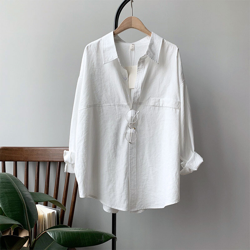 Camisa básica de algodón con cuello redondo para Mujer, blusa Coreana de estilo informal, Top de verano y primavera