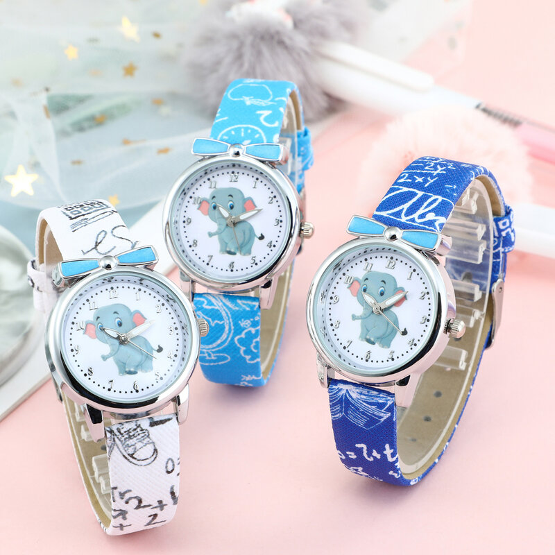Reloj de pulsera de cuero para niños y niñas, pulsera de cuarzo con diseño de elefante bonito, marca de moda, a la moda