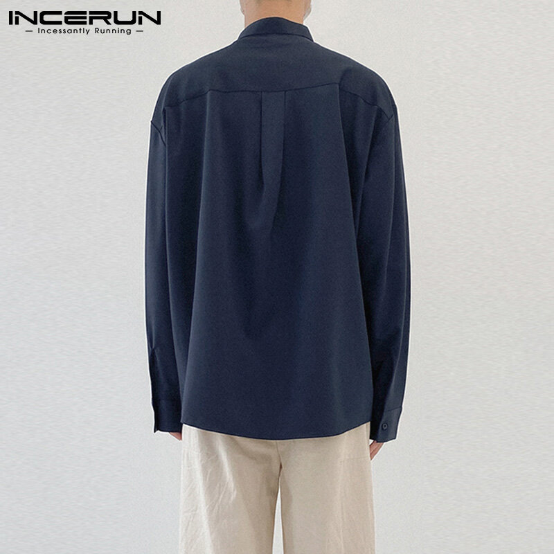 Blusa masculina de manga longa com gola alta, camisa vintage confortável com botão de cor sólida, botão incerun, primavera 2021
