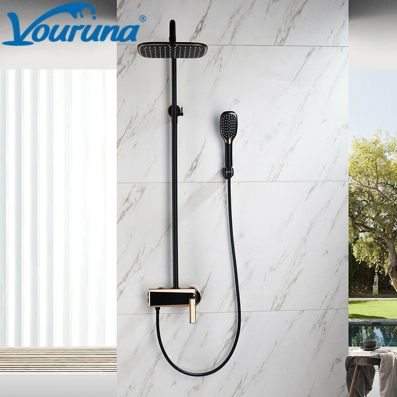 VOURUNA Luxurious Exposed Bathroom Shower Faucet Fixture Kit Wall Mounted Shower System with Handshower in White&Black&Golden