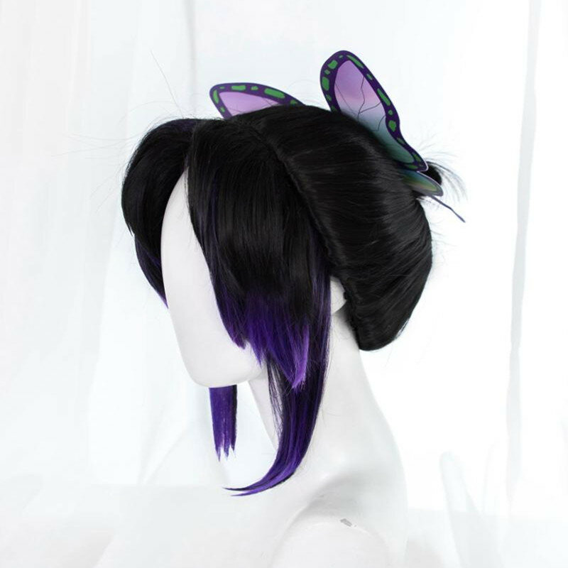 Uwowo-女性用コスプレウィッグ,23cm,黒と紫のグラデーション,キメツノヤイバ