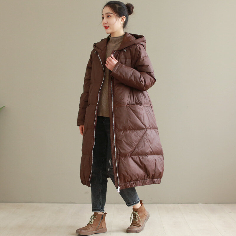 Comprimento médio com capuz para baixo casaco feminino casual tamanho grande branco eiderdown casaco de inverno quente