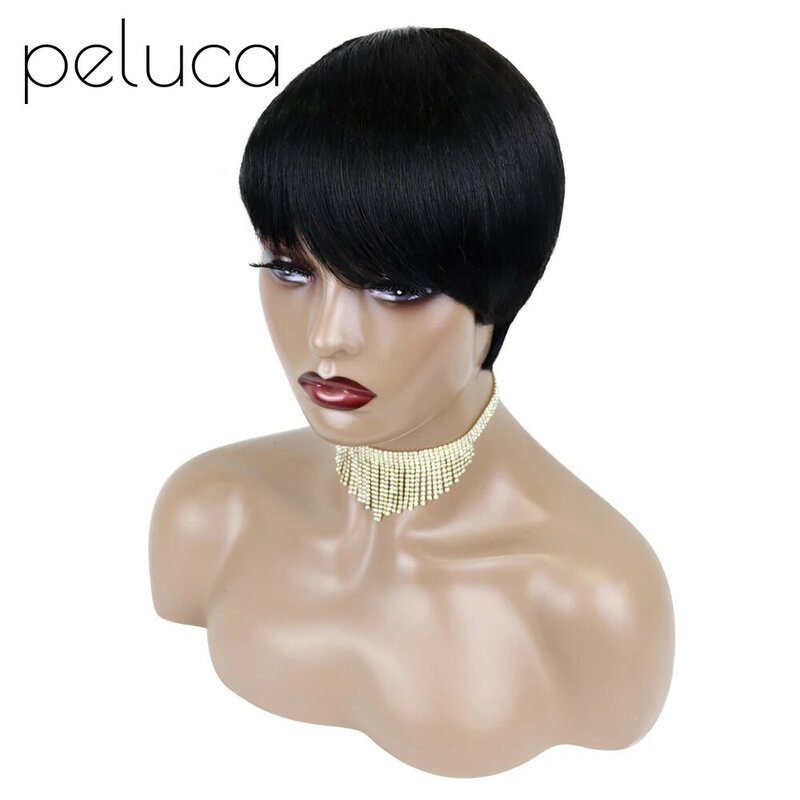Peluca 짧은 스트레이트 헤어 Bangs 밥 Pixie 컷 기계 만든 비 레이스 블랙 여성을위한 저렴한 인간의 머리 브라질 100% 새로운