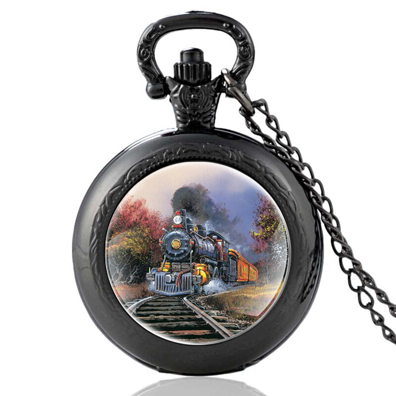 شخصية Steampunk قاطرة ساعة جيب كوارتز أسود خمر الرجال عقد دلاية نسائية مجوهرات هدايا