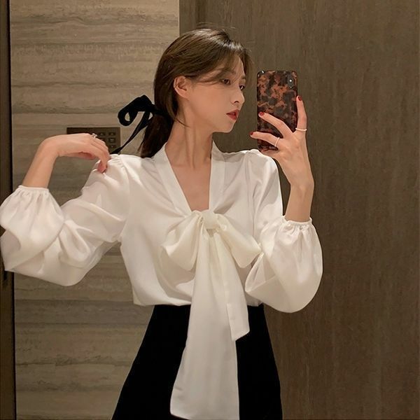 Женская свободная рубашка с бантом, повседневная шелковая рубашка с длинным рукавом и V-образным вырезом, весна 2021