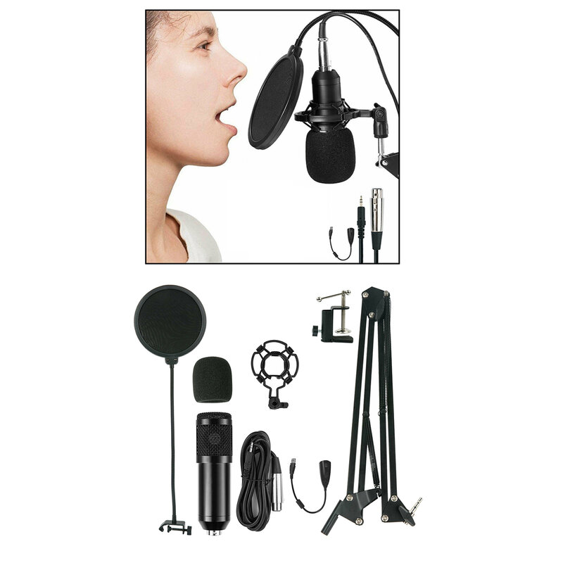 Kit microfone condensador profissional, conjunto com braço cardioide para gravação em estúdio, transmissão