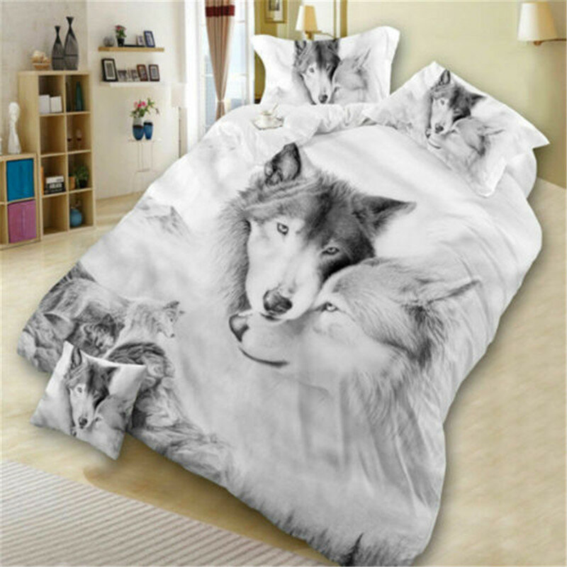 3D 귀여운 늑대 고양이 개 인쇄 침구 세트 귀여운 이불 이불 커버 야생 동물 부족 침대 커버 베개 커버 사용자 정의 침대 린넨