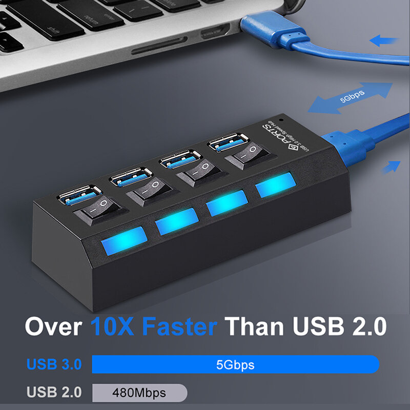 USB 3.0 Moyeu 5 Gbit/S Haute Vitesse USB Splitter 3 Hab Utiliser Adaptateur secteur 4/7 Port Multiples Extenseur Moyeu Avec Interrupteur Pour PC Portable