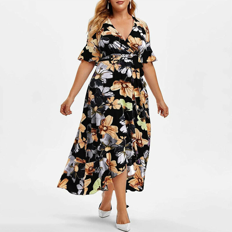 Letnie sukienki Plus rozmiar moda damska dekolt w serek dopasowane kwiatowe drukowanie sukienka z krótkim rękawem darmowa wysyłka