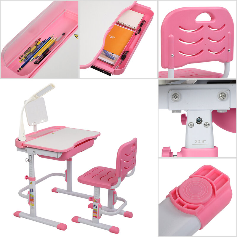 어린이 학습 테이블 의자 세트 핑크 키즈 공부 책상 조절 가능 70CM 리프팅 테이블은 독서 스탠드와 기울기 조절 가능 USB 테이블 램프, 어린이 학습 테이블 의자 세트