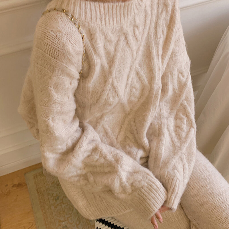 2021 mujeres suéteres gruesos de otoño e invierno de manga larga de punto de jersey estriado Sweater suéter mujer sólido Jersey suave cálido Mujer
