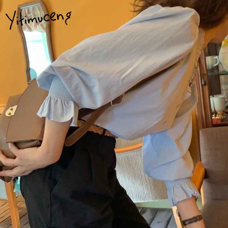 Yitimuceng Button Up Bluse Frauen Oversize Shirts Flare Hülse V-ausschnitt Unicolor Himmel Blau Beige 2021 Sommer Koreanische Mode Tops