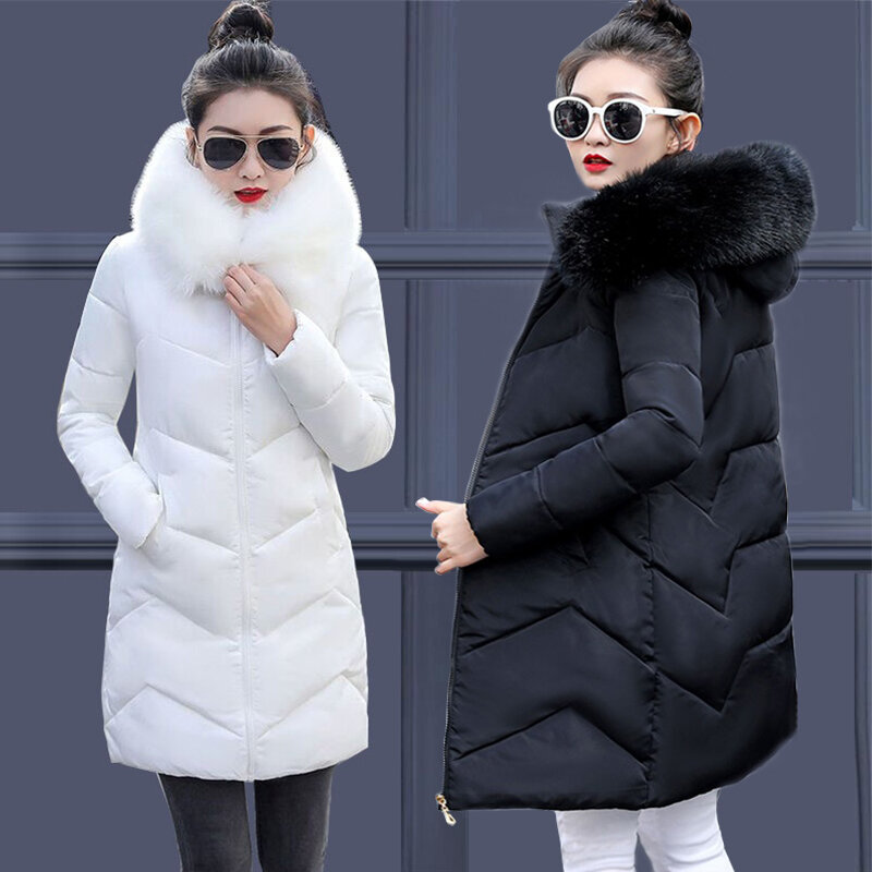 Jaket Musim Dingin Wanita Ukuran Besar 6XL 7XL Mantel Hitam Putih Mode Pakaian Luar Panjang Hangat Parka Bertudung Musim Dingin Bulu Besar Wanita