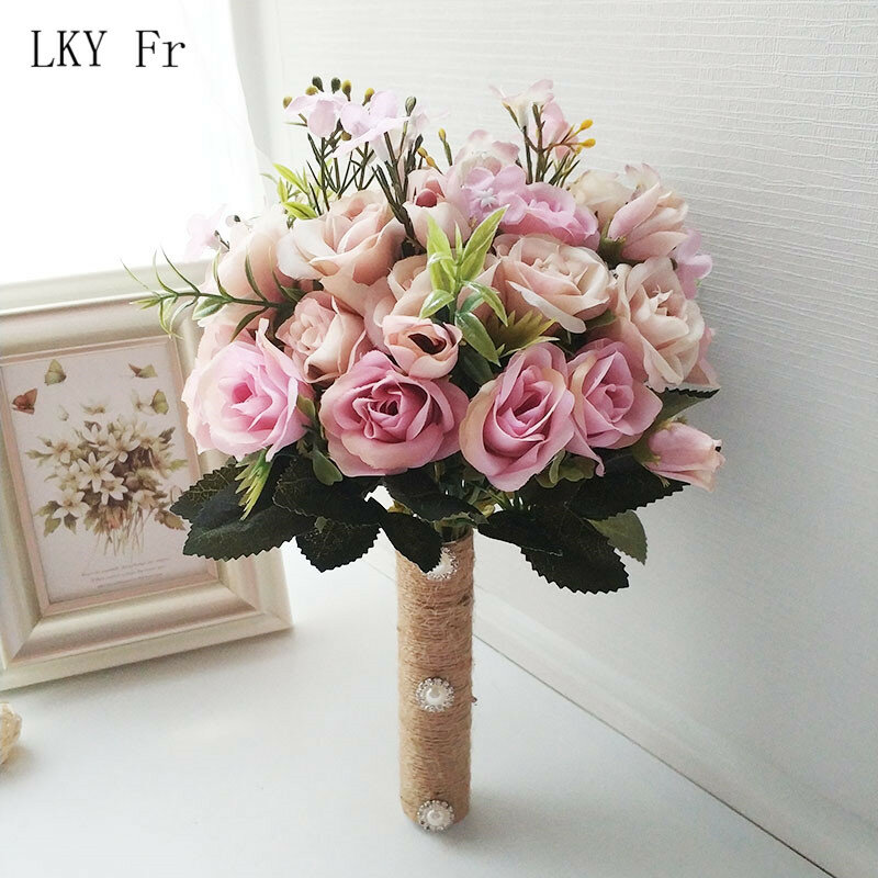 Lky fr buquê de casamento flores acessórios de casamento pequenos buquês de noiva rosas de seda bouquets de casamento para decoração de damas de honra
