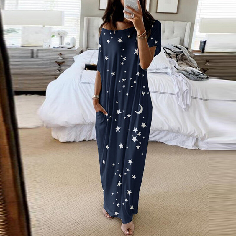 오프 숄더 스타 인쇄 된 여성 수면 복장 o-넥 짧은 소매 느슨한 포켓 여성 긴 잠옷 2021 여름 숙녀 Homewear