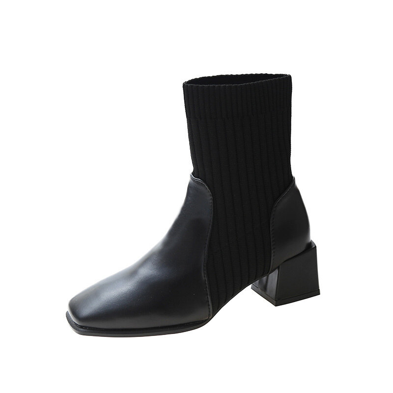 Zapatos de cuero para mujer, botines de tacón medio grueso con cremallera y punta cuadrada, color marrón, albaricoque, Otoño, 2021