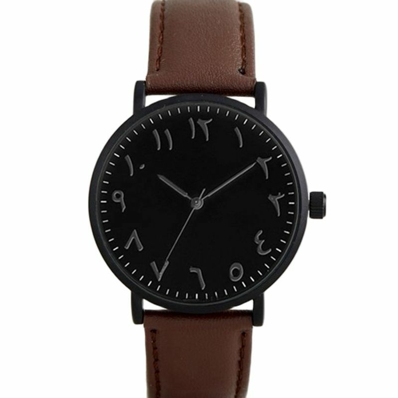 Reloj de pulsera de cuarzo árabe para mujer, cronógrafo con correa de cuero marrón, carcasa negra de aleación