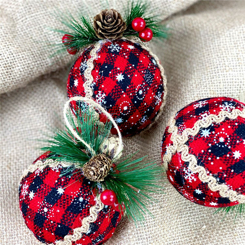 3Pcs PVC Red Plaid Painted Xmas Tree Balls Christmas Tree Hanging Ornament Holiday Party Christmas Gift Pendant Decor For Home