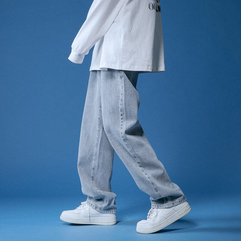 Calça jeans folgada, masculina, nova moda casual, cor sólida, calça comprida, larga, com toque de gota, 2021