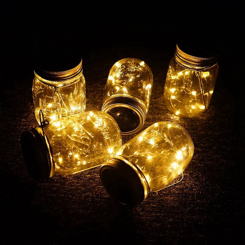 ABSS-luces solares para tapa de jarras, paquete de 6 tiras de 20 luces Led para tapas de tarros de luciérnaga, 6 perchas incluidas (frascos no incluidos)