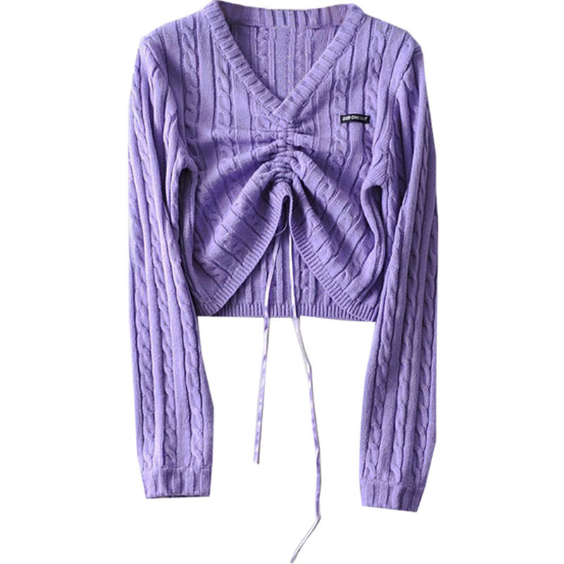INS Style – pull à col en v pour femme, léger, tricoté, avec petit haut plissé et cordon de serrage, Style rétro américain