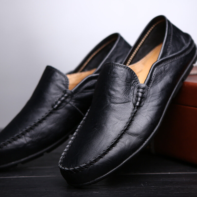 Zapatos planos informales de cuero de moda para hombre, mocasines transpirables impermeables de cuero genuino, cómodos, 896