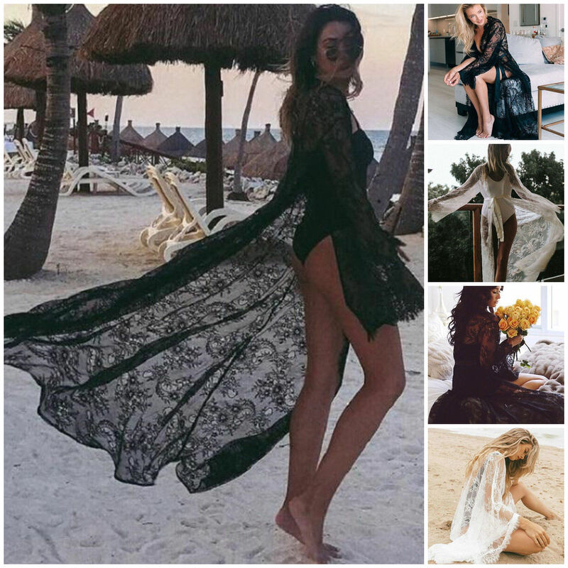 Robe de plage Maxi en dentelle pour femmes, crochet, Cover-Up pour Bikini, Sarong, Kimono, caftan