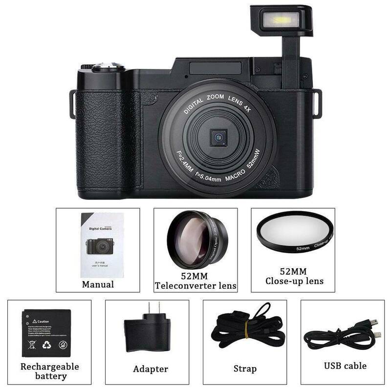 Professional 24MP วิดีโอกล้อง4X Zoom หน้าจอหมุนได้ Full HD 1080P Anti-Shake SLR กล้องวิดีโอ W/เลนส์กว้างและ32GB