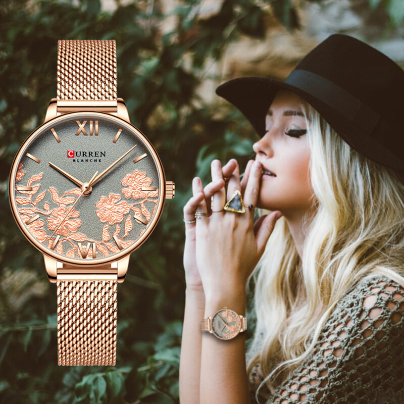 Часы CURREN женские наручные кварцевые, брендовые роскошные стильные с браслетом из нержавеющей стали, с розовым ремешком, подарок для женщин