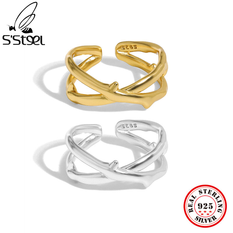 S'STEEL 925 srebro pierścionki dla kobiet projektant Handmade x-shape dopasowanie zaręczynowy otwarty pierścionek 2021 Trend Fine jewelry