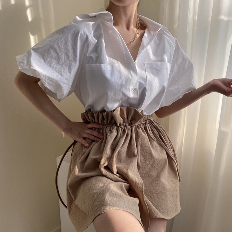2021 Summer Korean Chic Temperament Versatile Lapel Single Breasted Bubble Sleeve Shirt High Waist Lace Up Waist Fake Two Shorts