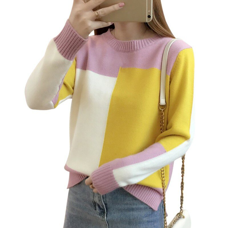 Suéter de manga larga para mujer, Jersey de punto, estilo coreano, contraste de Color, otoño e invierno, 2020