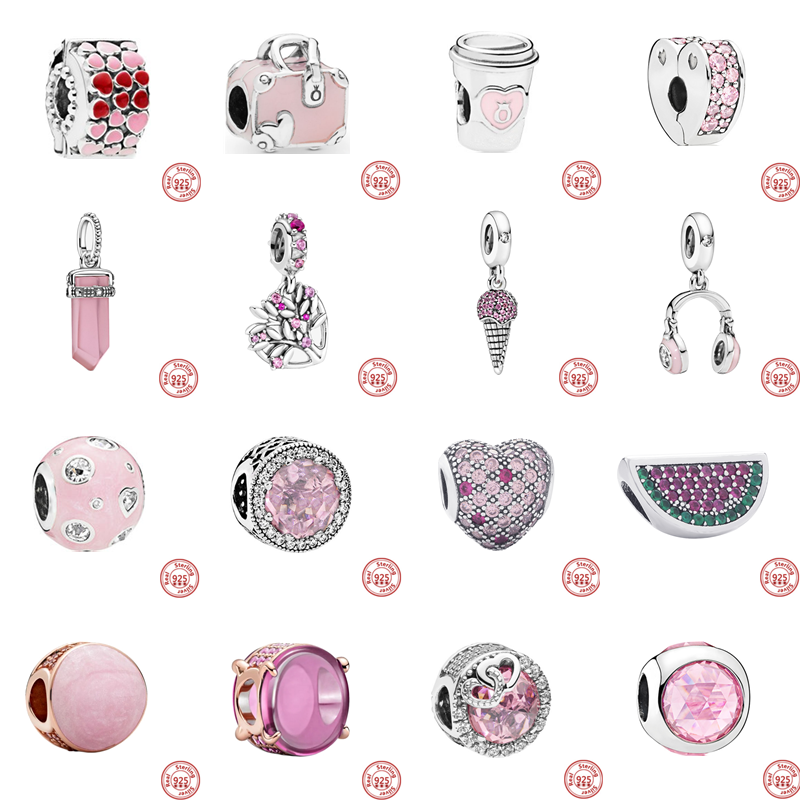 Breloques Pandora en argent Sterling 925, breloques en Zircon rose pastèque, cœur d'amour, adaptées aux Bracelets originaux, bricolage de bijoux pour femmes