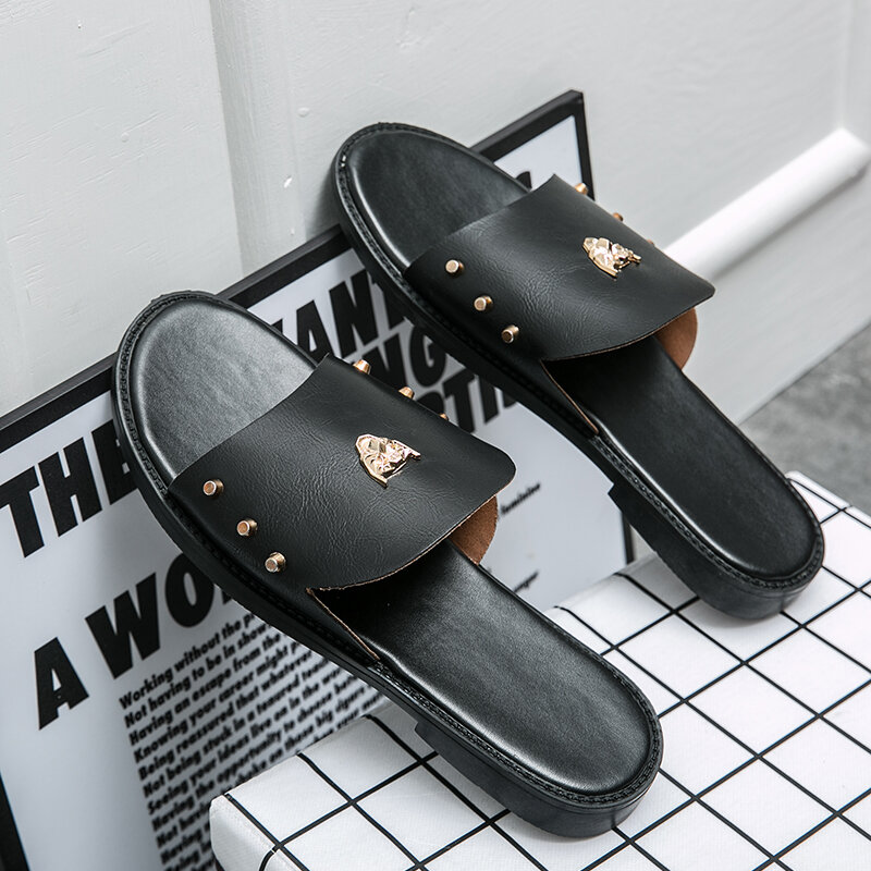 Mens Brown Fashion Palm Slippers Designer Summer Sandals Pu Leather Men Versatile Outside Zapatos Para Hombre KY178