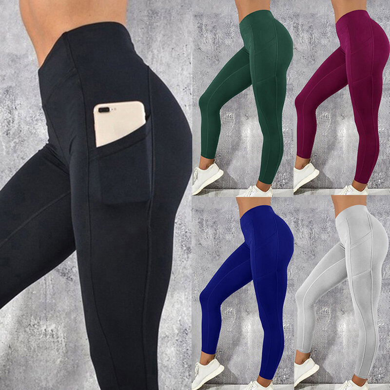 2021 neue sportsleggings cintura alta bolso feminino sólido empurrar para cima calças elásticas de fitness gym leggings treinamento feminino energia