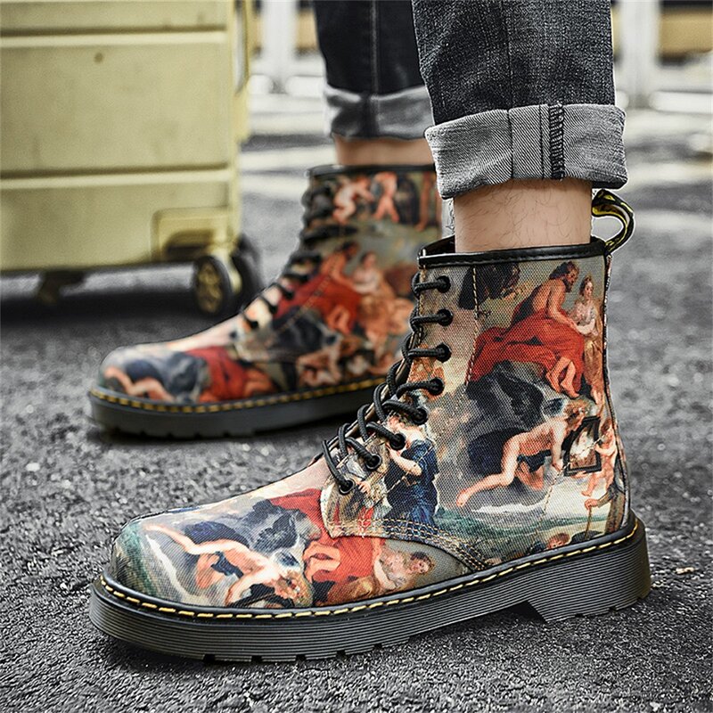 New men's high-end leather ink sandblasting oil painting couple high-top Martin boots, high-top outdoor tooling boots