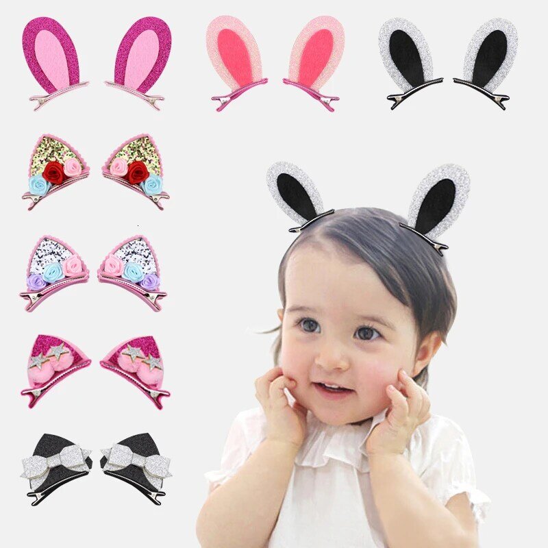 2 unids/set de pinzas para el pelo con lentejuelas brillantes para niñas, accesorios para el cabello con diseño de flores de arcoíris, purpurina, orejas de gato, pasador de conejo